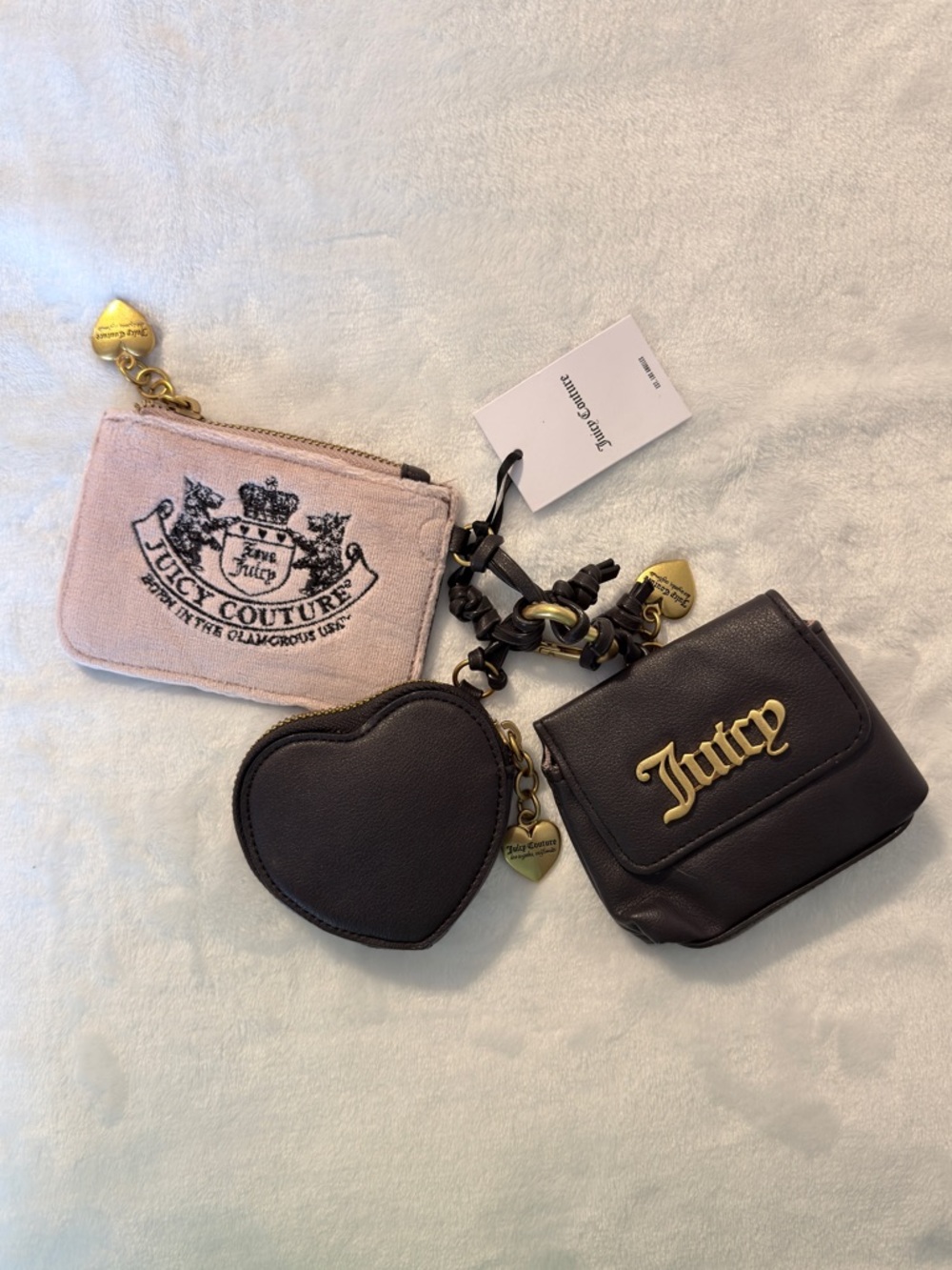 Juicy Couture Black Heart Coin Pouch Trio with Pink Logo Zip Pouch